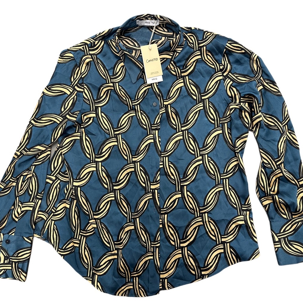 NWT Mango Blue Chain-Link Print Button-Down Shirt